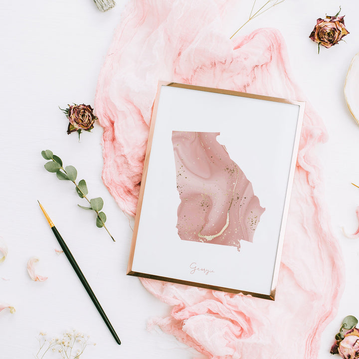 Georgia Map Pink and Gold Wall Art Print | USA | US State | United States of America