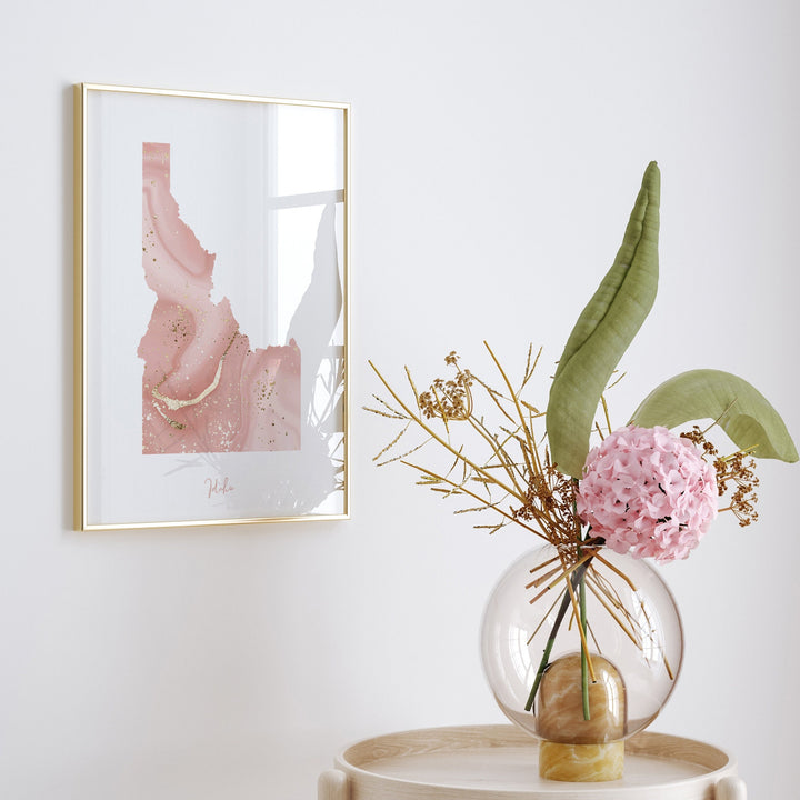Idaho Map Pink and Gold Wall Art Print | USA | US State | United States of America