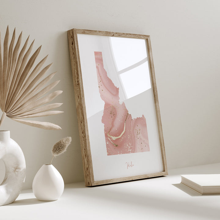 Idaho Map Pink and Gold Wall Art Print | USA | US State | United States of America