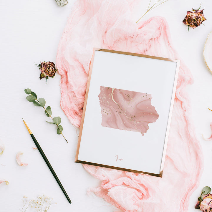 Iowa Map Pink and Gold Wall Art Print | USA | US State | United States of America