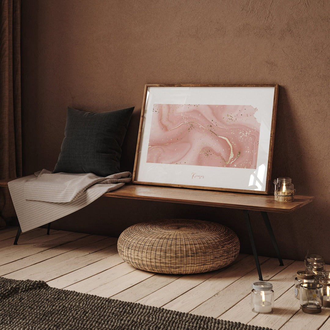 Kansas Map Pink and Gold Wall Art Print | USA | US State | United States of America