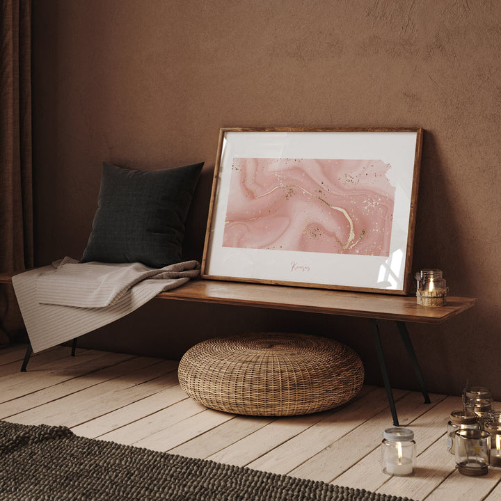 Kansas Map Pink and Gold Wall Art Print | USA | US State | United States of America