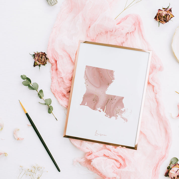Louisiana Map Pink and Gold Wall Art Print | USA | US State | United States of America