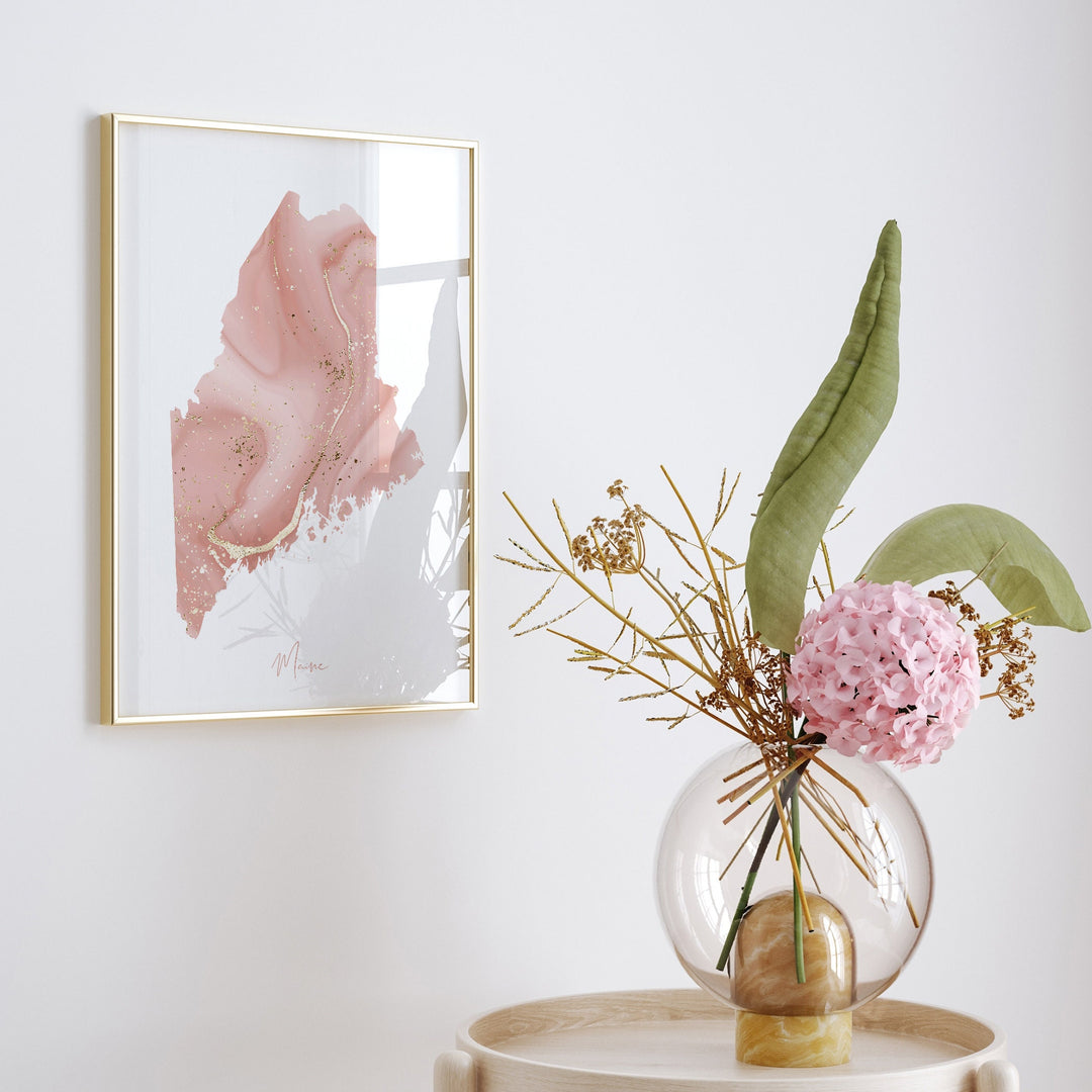Maine Map Pink and Gold Wall Art Print | USA | US State | United States of America
