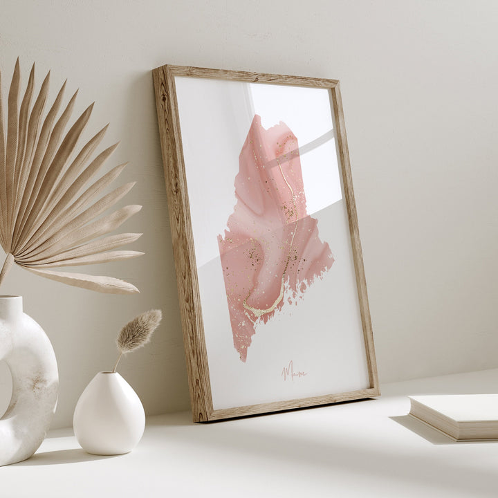 Maine Map Pink and Gold Wall Art Print | USA | US State | United States of America