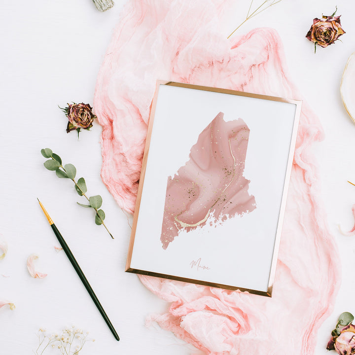 Maine Map Pink and Gold Wall Art Print | USA | US State | United States of America