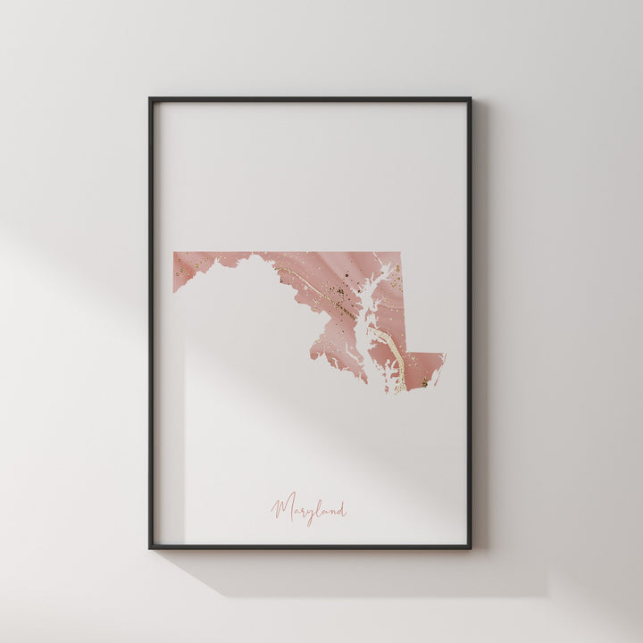 Maryland Map Pink and Gold Wall Art Print | USA | US State | United States of America