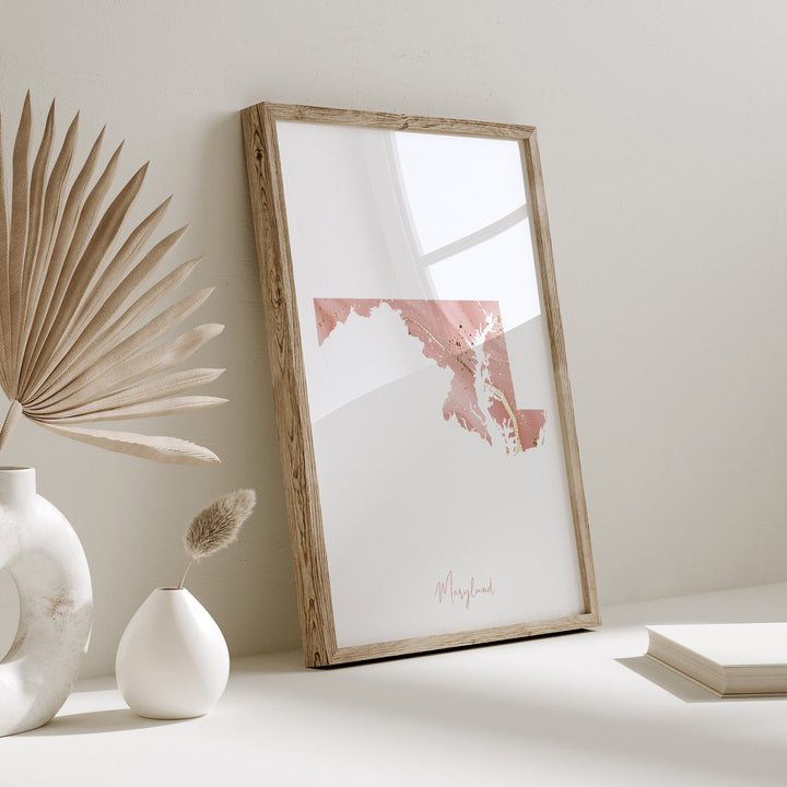 Maryland Map Pink and Gold Wall Art Print | USA | US State | United States of America