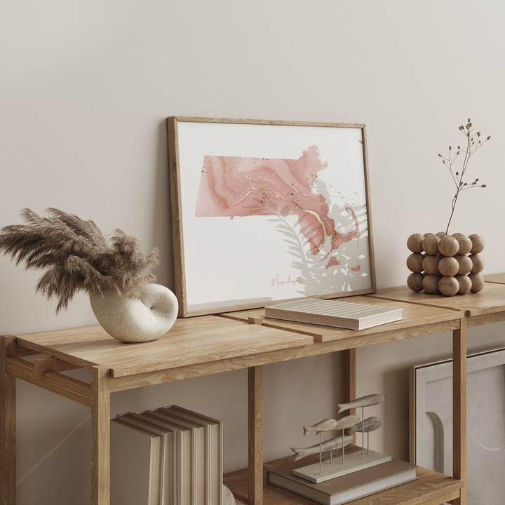 Massachusetts Map Pink and Gold Wall Art Print | USA | US State | United States of America