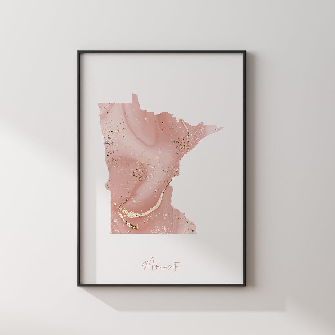 Minnesota Map Pink and Gold Wall Art Print | USA | US State | United States of America