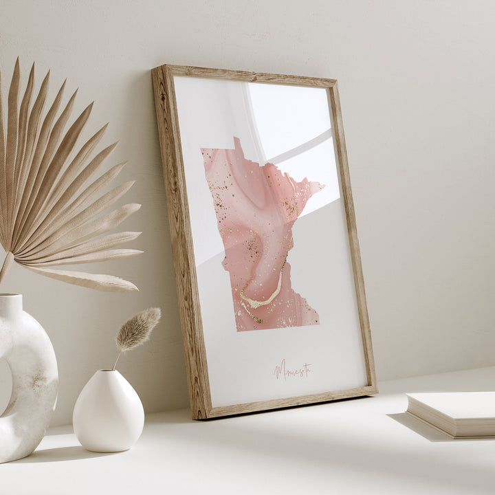 Minnesota Map Pink and Gold Wall Art Print | USA | US State | United States of America