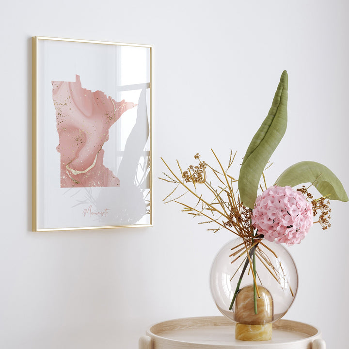 Minnesota Map Pink and Gold Wall Art Print | USA | US State | United States of America