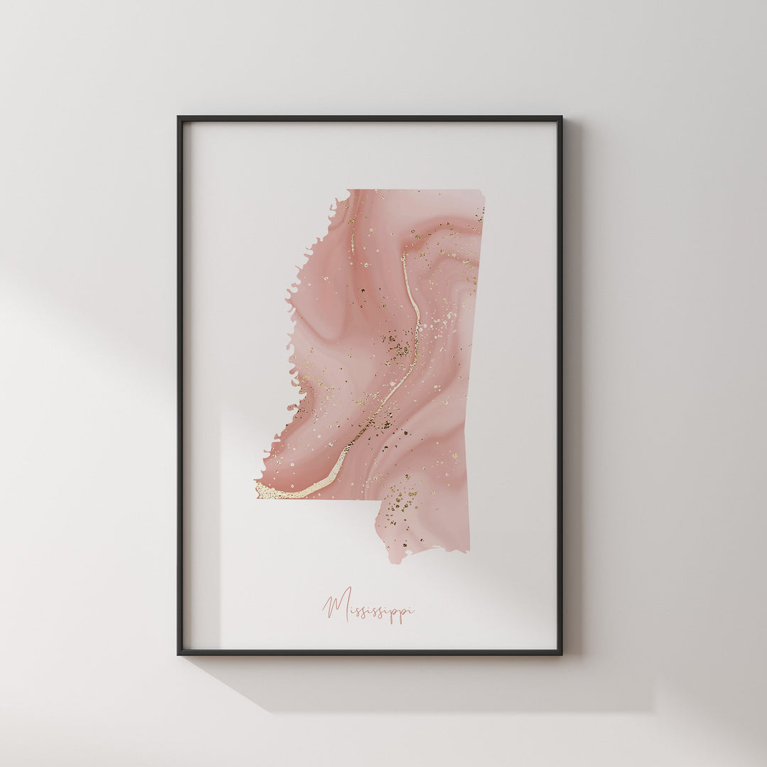 Mississippi Map Pink and Gold Wall Art Print | USA | US State | United States of America