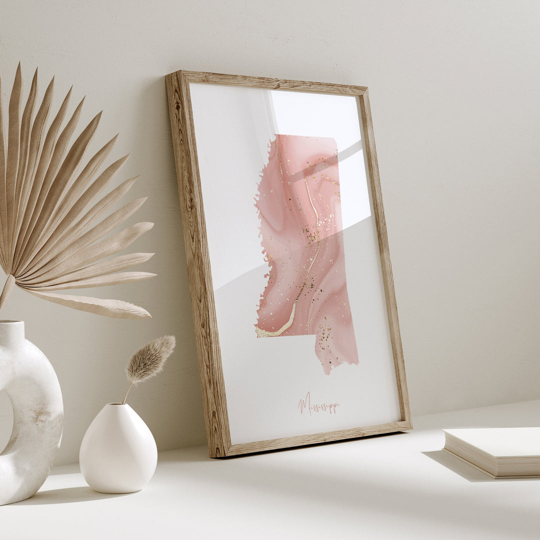 Mississippi Map Pink and Gold Wall Art Print | USA | US State | United States of America