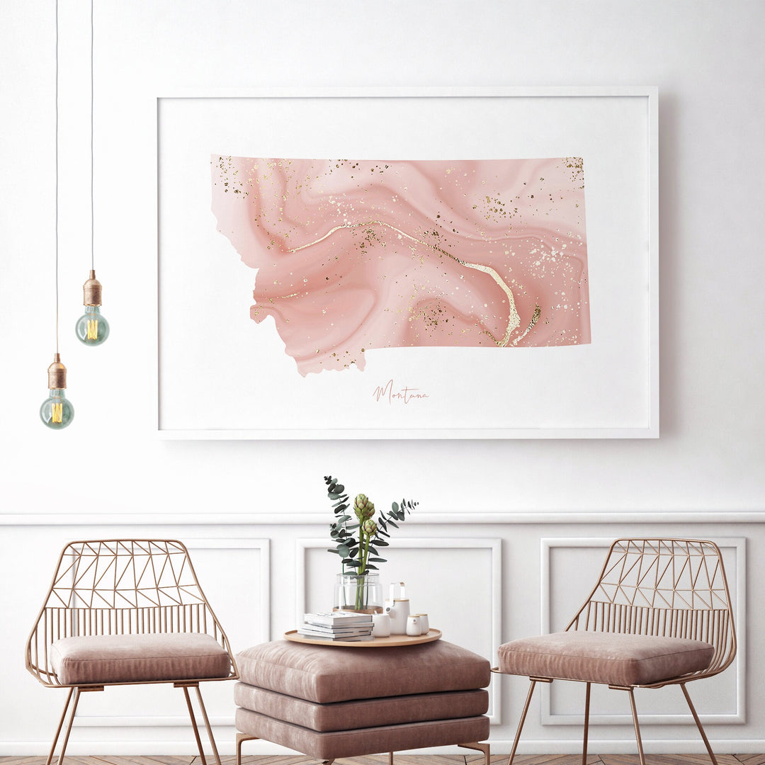 Montana Map Pink and Gold Wall Art Print | USA | US State | United States of America