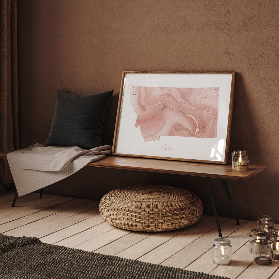 Montana Map Pink and Gold Wall Art Print | USA | US State | United States of America