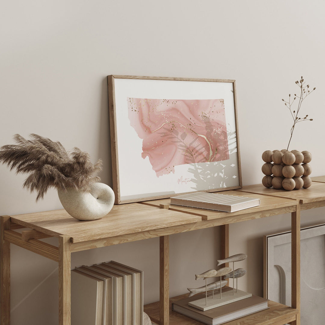 Montana Map Pink and Gold Wall Art Print | USA | US State | United States of America