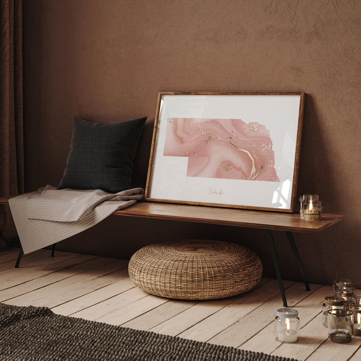 Nebraska Map Pink and Gold Wall Art Print | USA | US State | United States of America