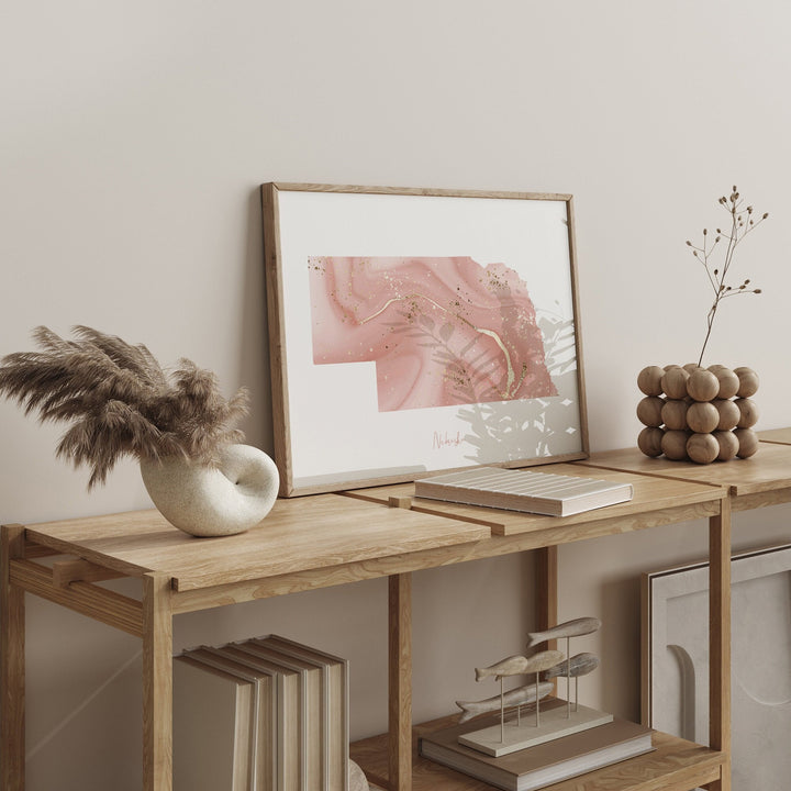 Nebraska Map Pink and Gold Wall Art Print | USA | US State | United States of America