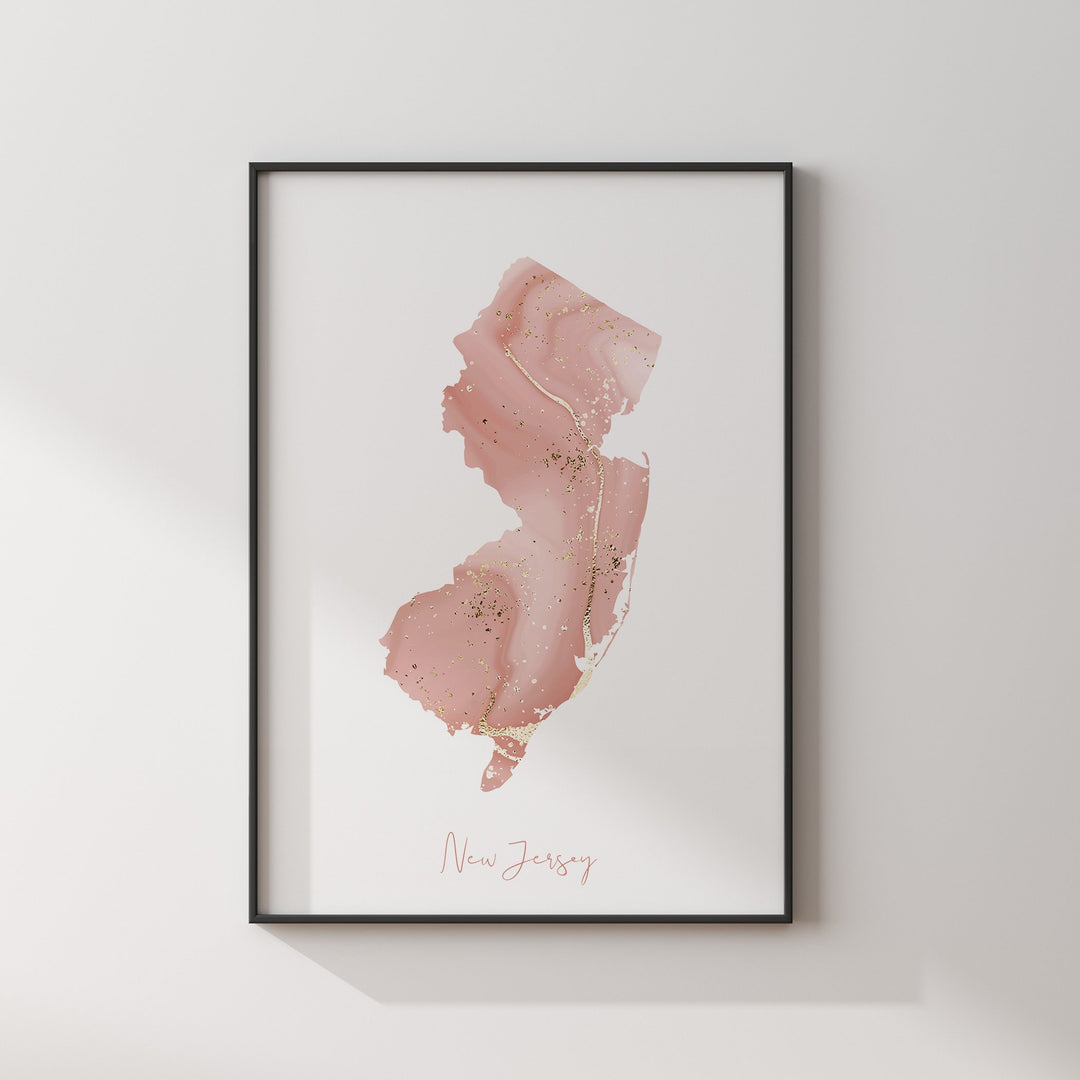 New Jersey Map Pink and Gold Wall Art Print | USA | US State | United States of America
