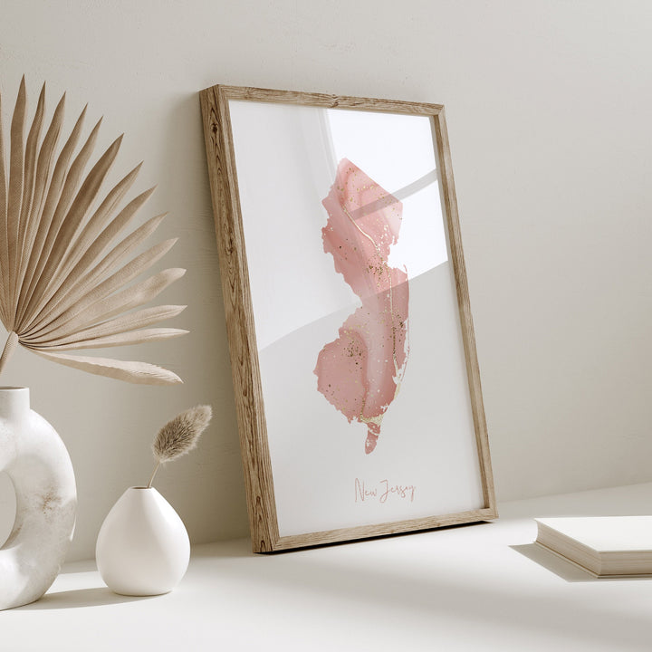 New Jersey Map Pink and Gold Wall Art Print | USA | US State | United States of America
