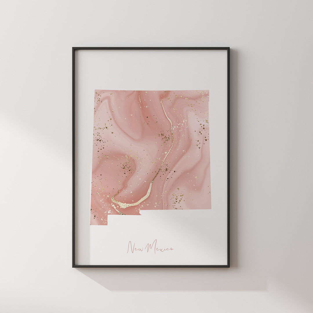 New Mexico Map Pink and Gold Wall Art Print | USA | US State | United States of America