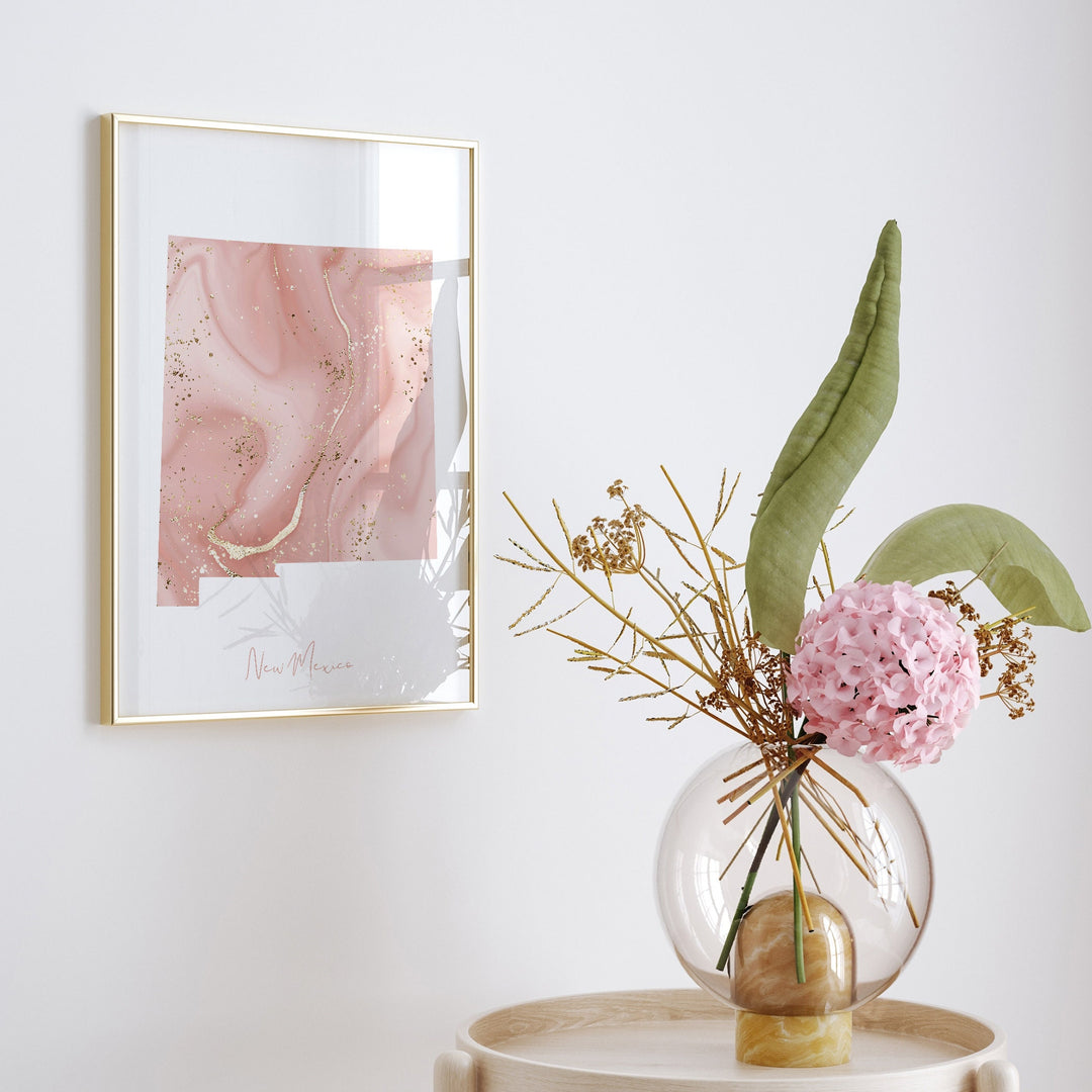 New Mexico Map Pink and Gold Wall Art Print | USA | US State | United States of America