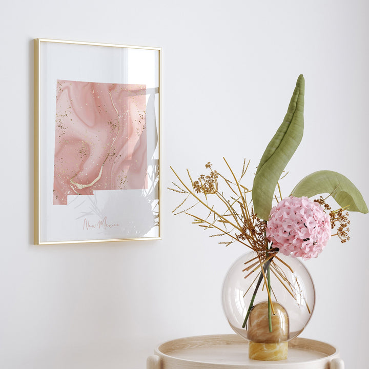 New Mexico Map Pink and Gold Wall Art Print | USA | US State | United States of America