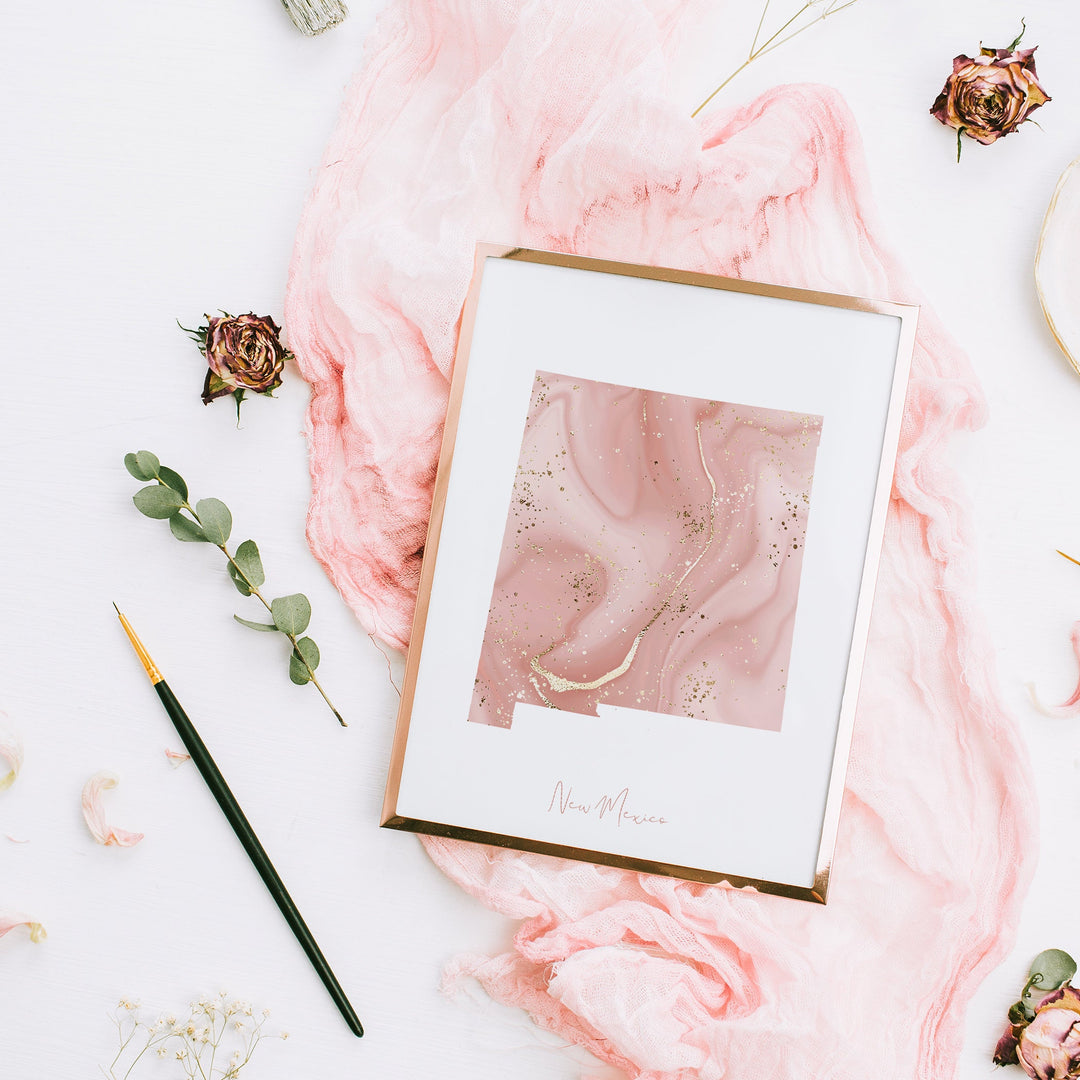 New Mexico Map Pink and Gold Wall Art Print | USA | US State | United States of America