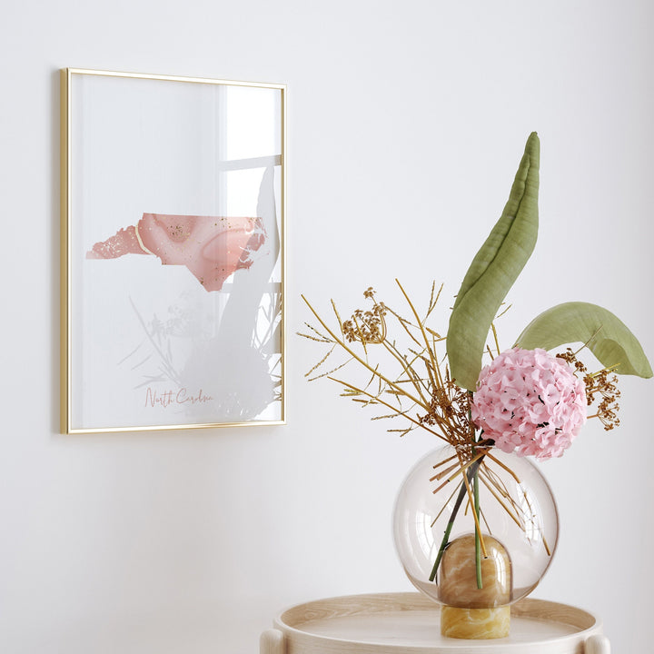 North Carolina Map Pink and Gold Wall Art Print | USA | US State | United States of America