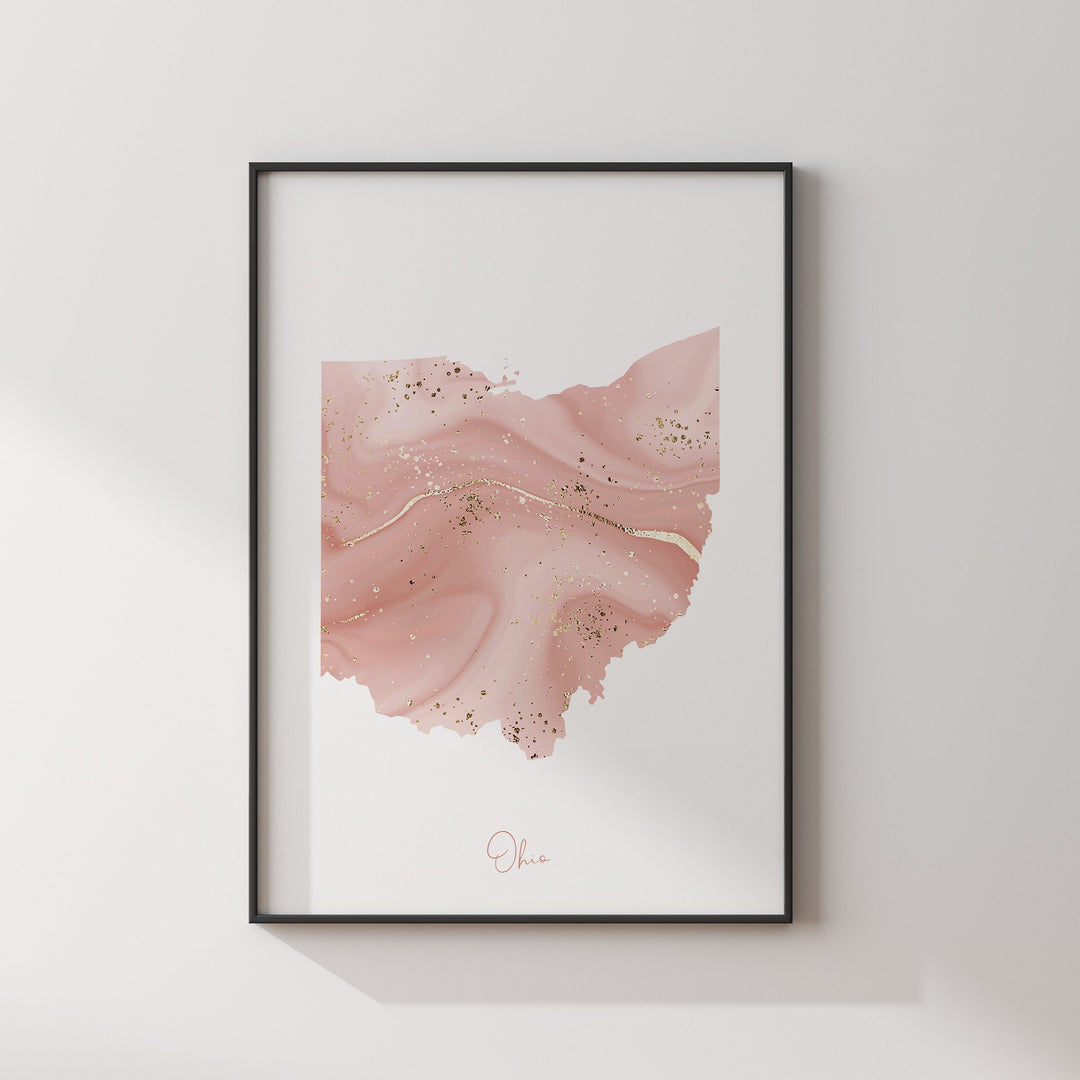 Ohio Map Pink and Gold Wall Art Print | USA | US State | United States of America