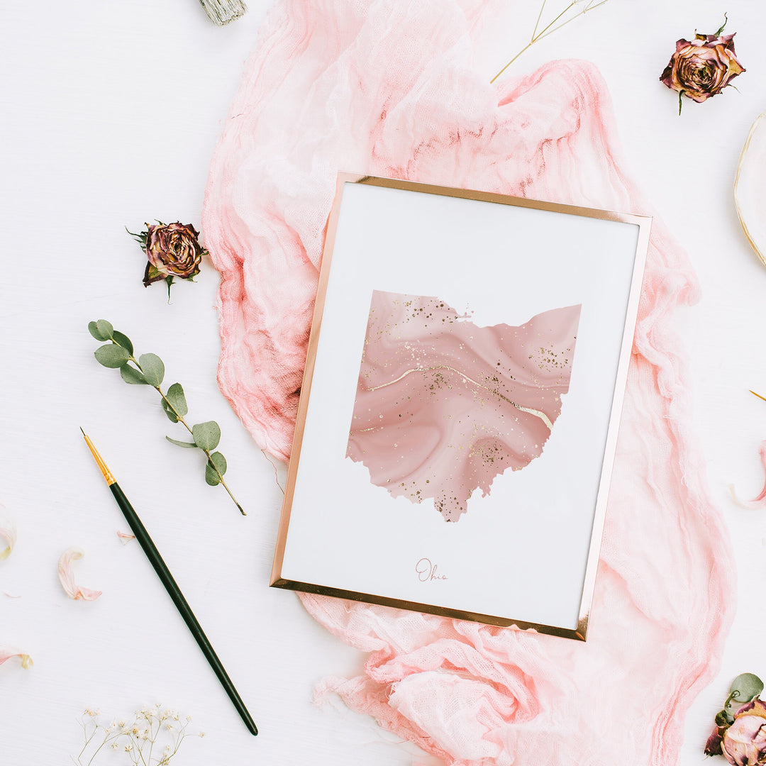 Ohio Map Pink and Gold Wall Art Print | USA | US State | United States of America