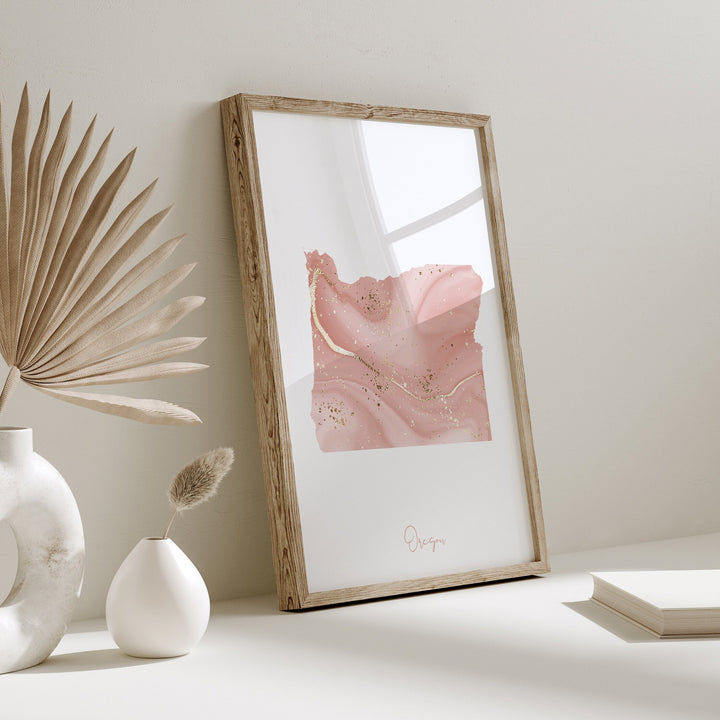 Oregon Map Pink and Gold Wall Art Print | USA | US State | United States of America