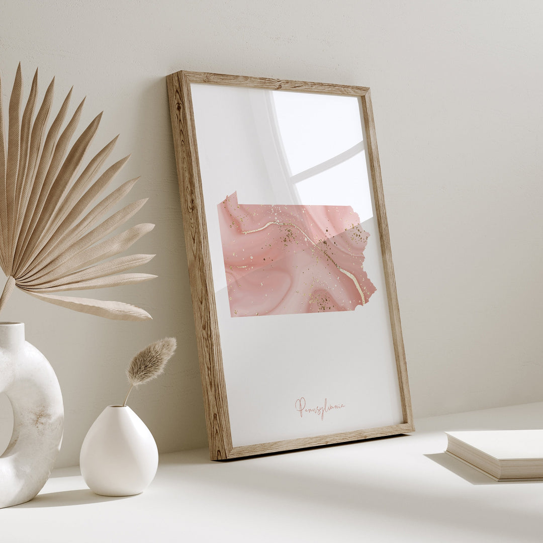 Pennsylvania Map Pink and Gold Wall Art Print | USA | US State | United States of America