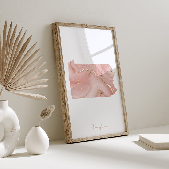 Pennsylvania Map Pink and Gold Wall Art Print | USA | US State | United States of America