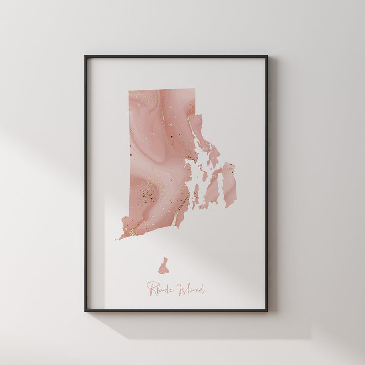 Rhode Island Map Pink and Gold Wall Art Print | USA | US State | United States of America