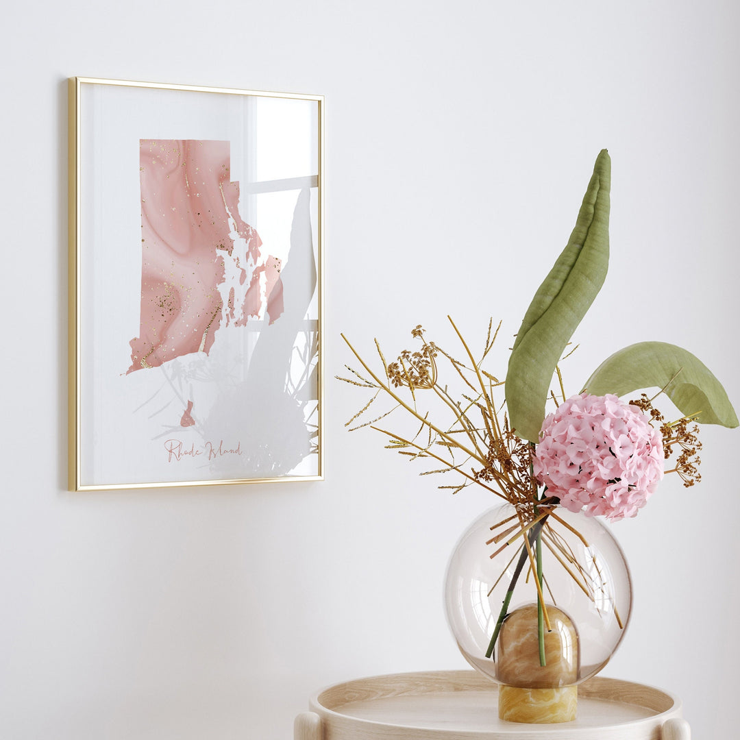 Rhode Island Map Pink and Gold Wall Art Print | USA | US State | United States of America