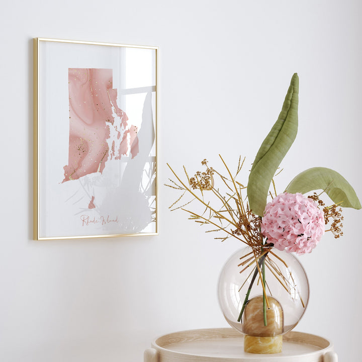 Rhode Island Map Pink and Gold Wall Art Print | USA | US State | United States of America