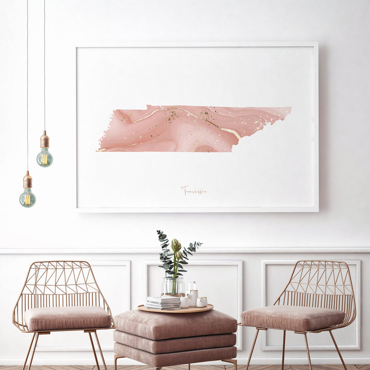 Tennessee Map Pink and Gold Wall Art Print | USA | US State | United States of America