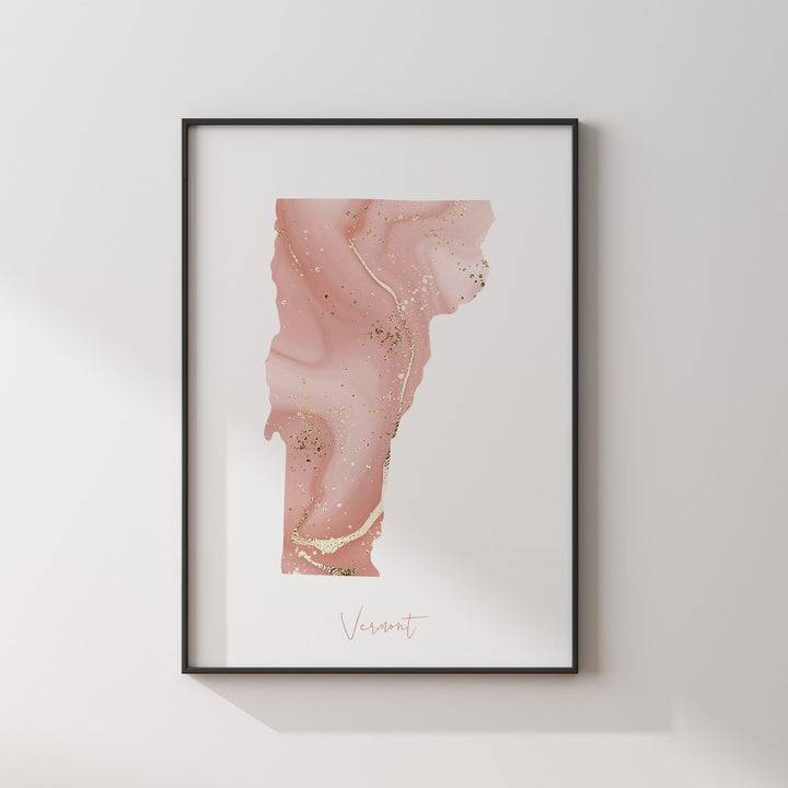 Vermont Map Pink and Gold Wall Art Print | USA | US State | United States of America