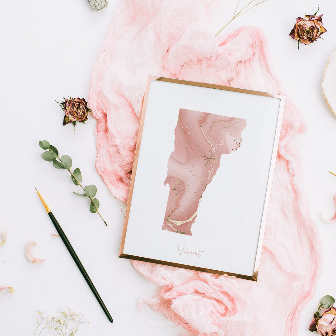 Vermont Map Pink and Gold Wall Art Print | USA | US State | United States of America