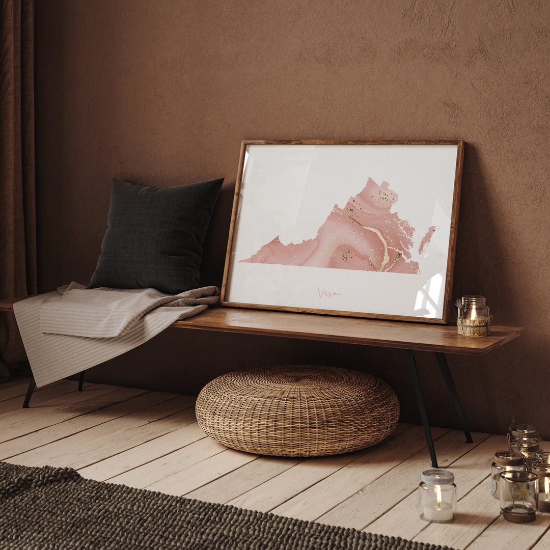 Virginia Map Pink and Gold Wall Art Print | USA | US State | United States of America