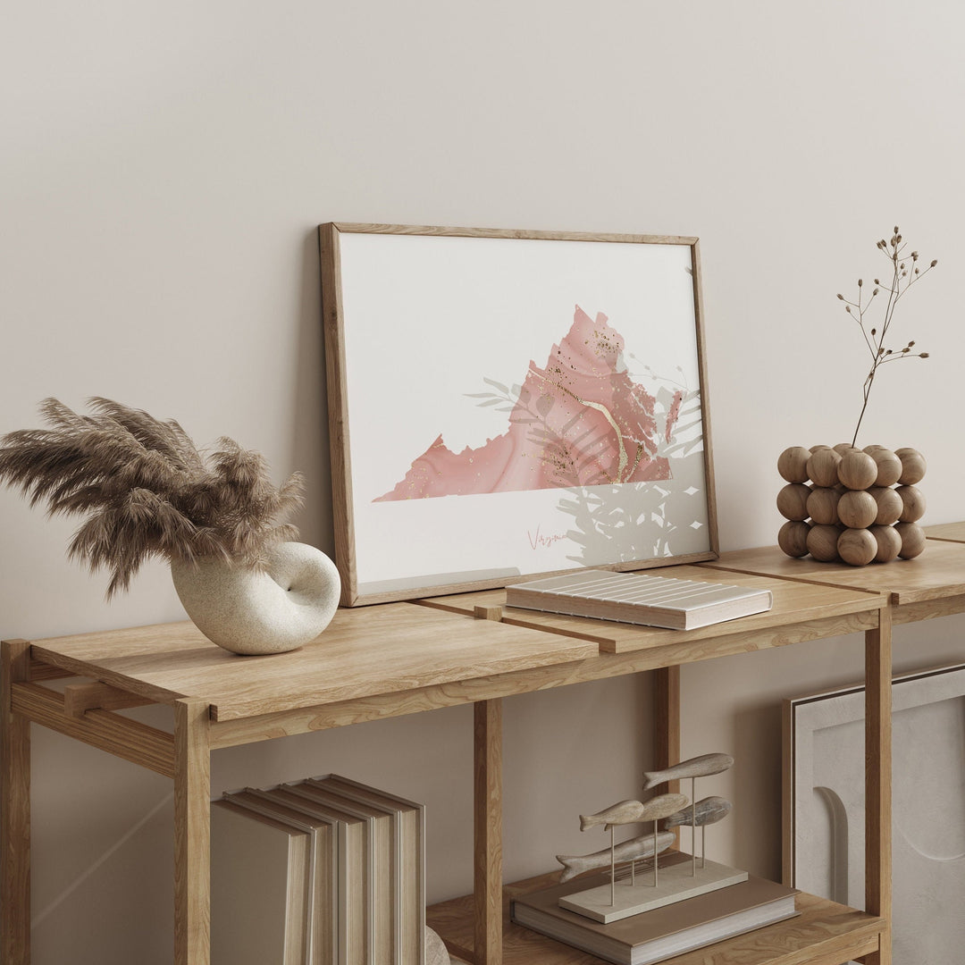 Virginia Map Pink and Gold Wall Art Print | USA | US State | United States of America