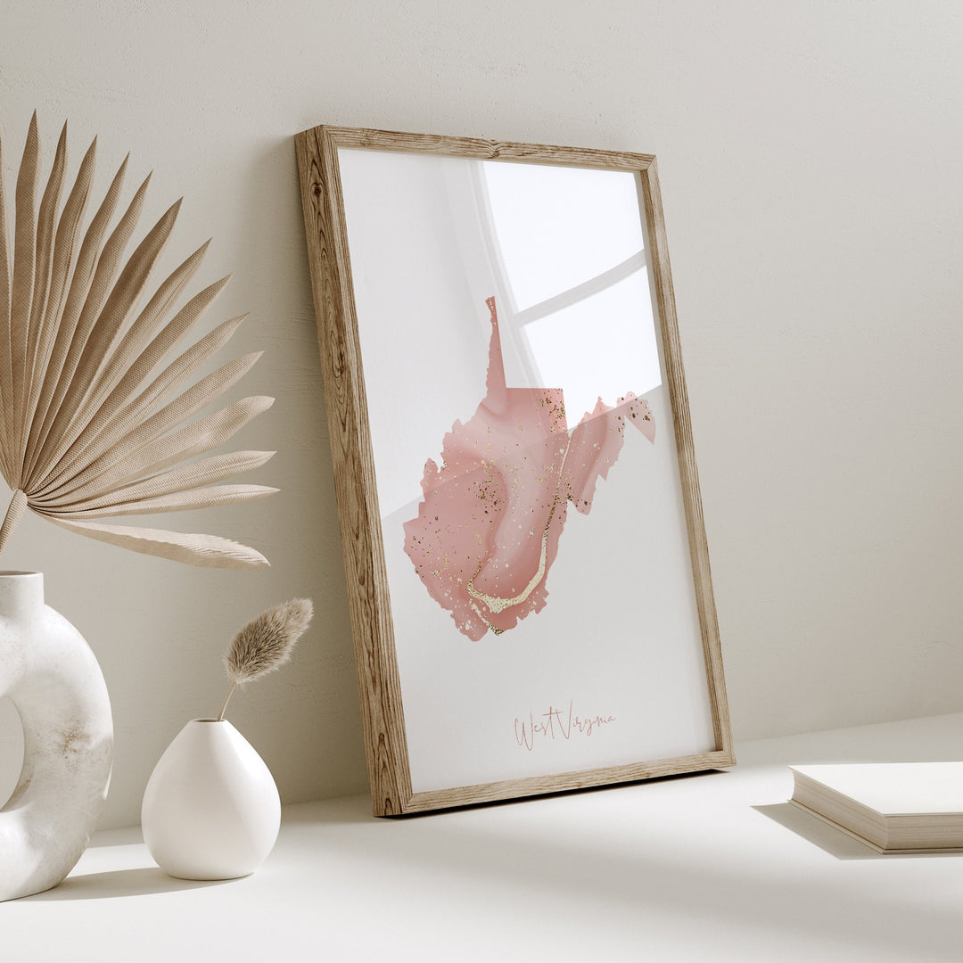 West Virginia Map Pink and Gold Wall Art Print | USA | US State | United States of America