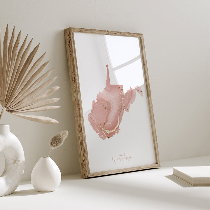 West Virginia Map Pink and Gold Wall Art Print | USA | US State | United States of America