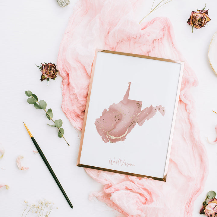 West Virginia Map Pink and Gold Wall Art Print | USA | US State | United States of America