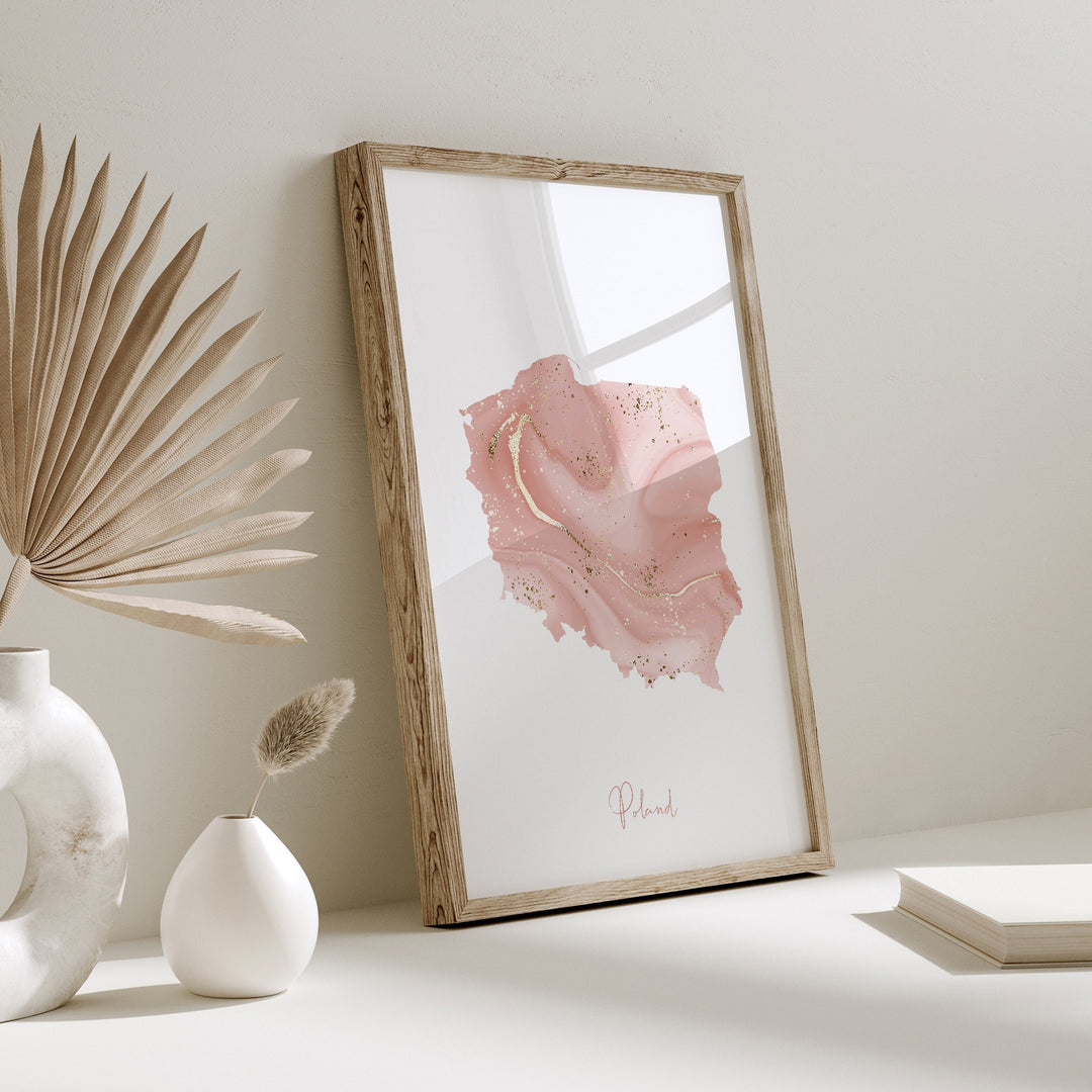 Poland Map Pink and Gold Wall Art Print