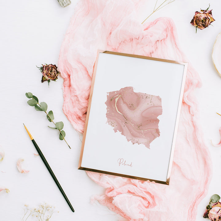 Poland Map Pink and Gold Wall Art Print