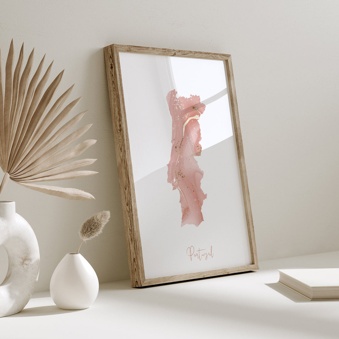 Portugal Map Pink and Gold Wall Art Print