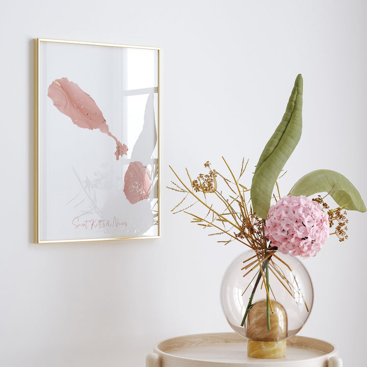 Saint Kitts & Nevis Map Pink and Gold Wall Art Print